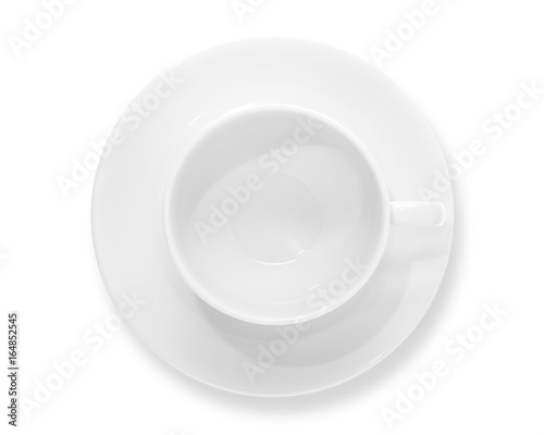 Top view of a blank white coffee cup isolated on white background.
