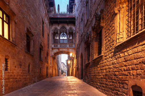 Narrow cobbled medieval Carrer del Bisbe street with Bridge of Sighs in Barri Gothic Quarter in the morning, Barcelona, Catalonia, Spain