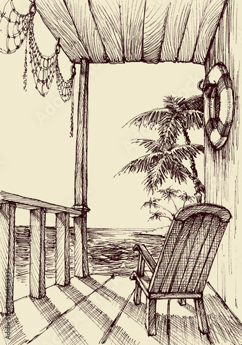 Sea view from the porch of a beach house. Holiday and relaxation concept