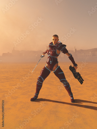 Warrior priestess with sword and gun on a desert planet - science fiction illustration