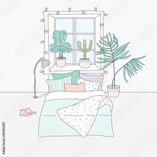 Vector bedroom interior. Hand-drawn style