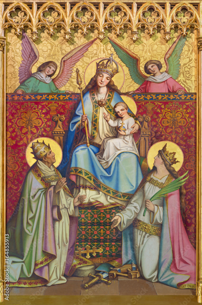 KREMNICA, SLOVAKIA - JULY 16, 2017: The neo-gothic painting of on the wood (Madonna, St. Catherine and St. Clement) from side altar of St. Catharine of Alexandria church by Ferenc Storno (1885).