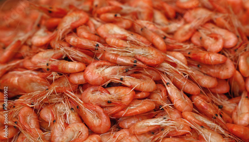 Fresh boiled pink small shrimps close up