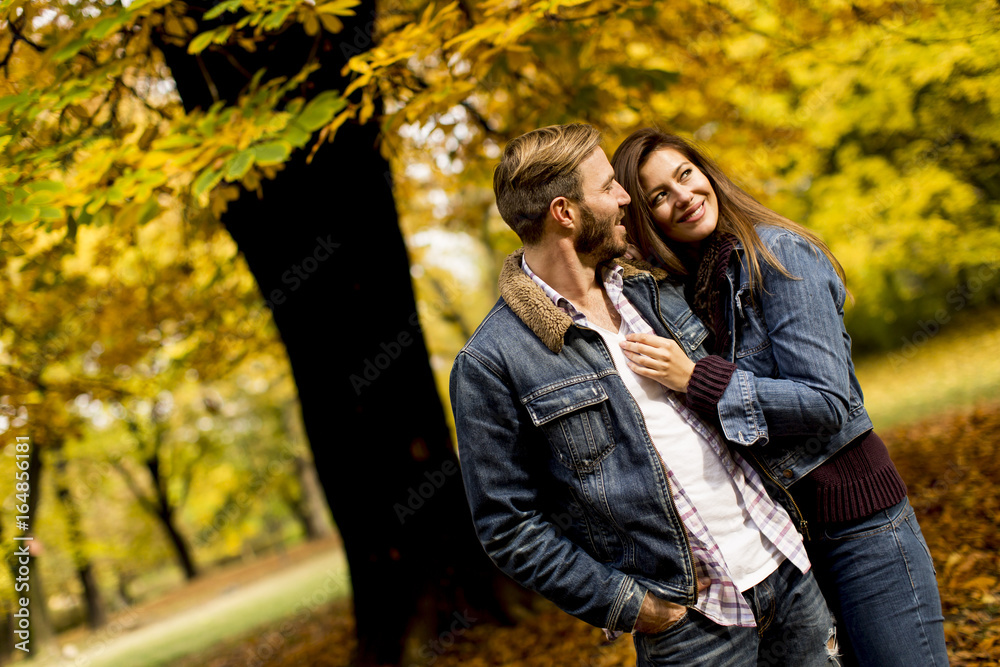 Smiling couple hugging in autumn park and having fun