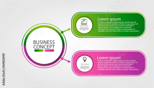 Modern template for infographic circles. Template for graphics, presentation, business, web design, reports. Colorful chart with 2 steps, parts by stages. Two circles with space for text and icons