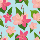 Seamless vector pattern retro styled, tropical flowers, pink plumeria