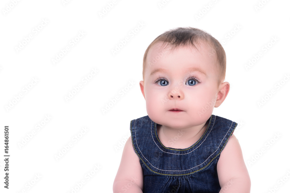 portrait of cute little baby girl with big blue eyes and long eyelashes on white background portrait of cute little baby girl with big blue eyes and long eyelashes on white background