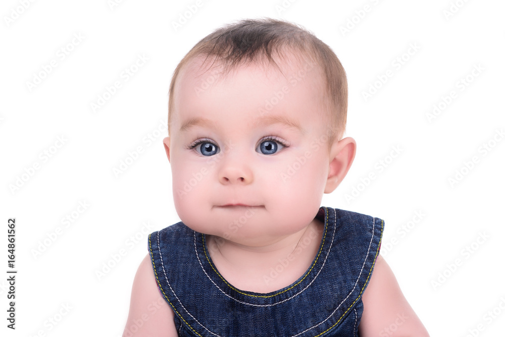 portrait of cute little baby girl with big blue eyes and long eyelashes on white background
