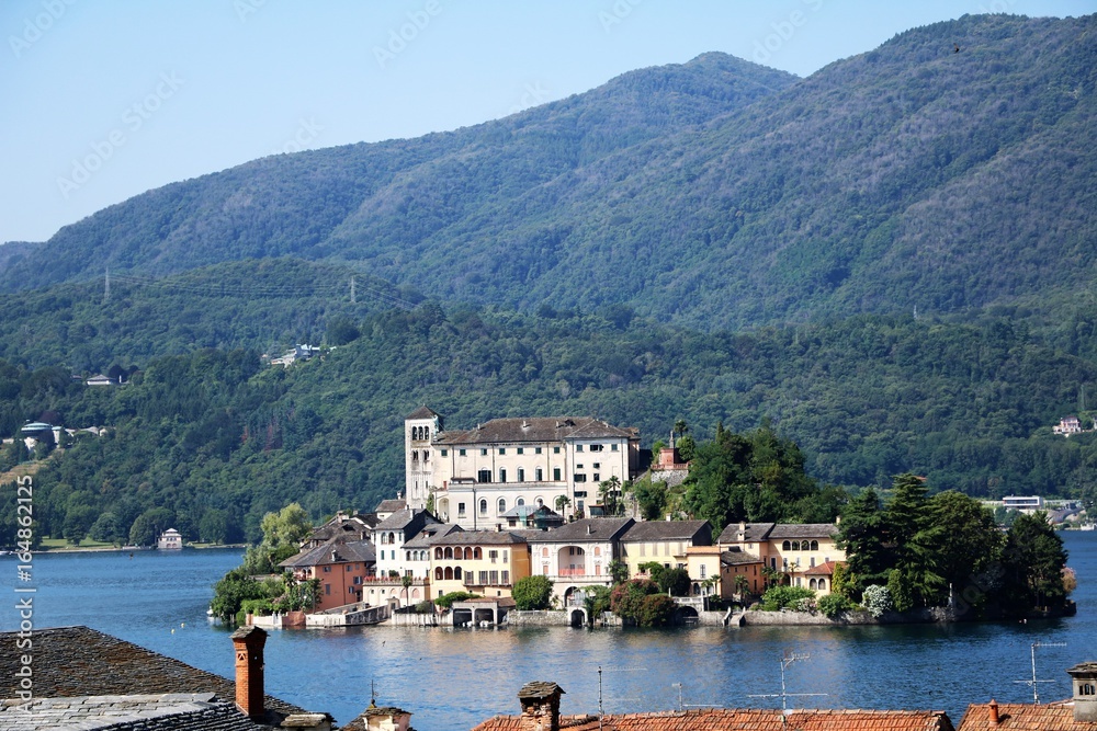 View to Isola San Giulio from Orta San Giulio at Lake Orta, Piedmont Italy 