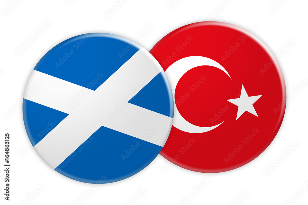 News Concept: Scotland Flag Button On Turkey Flag Button, 3d illustration on white background News Concept: Scotland Flag Button On Turkey Flag Button, 3d illustration on white background