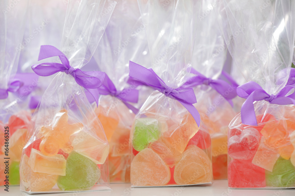 Tasty jelly candies in bags at shop Tasty jelly candies in bags at shop