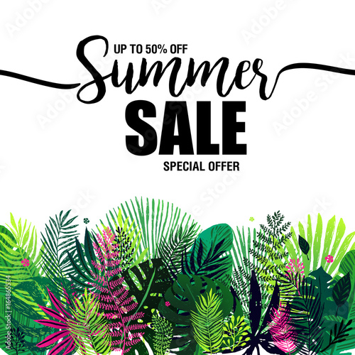 poster summer sale on a trendy tropical background, exotic palm bouquet. Card...