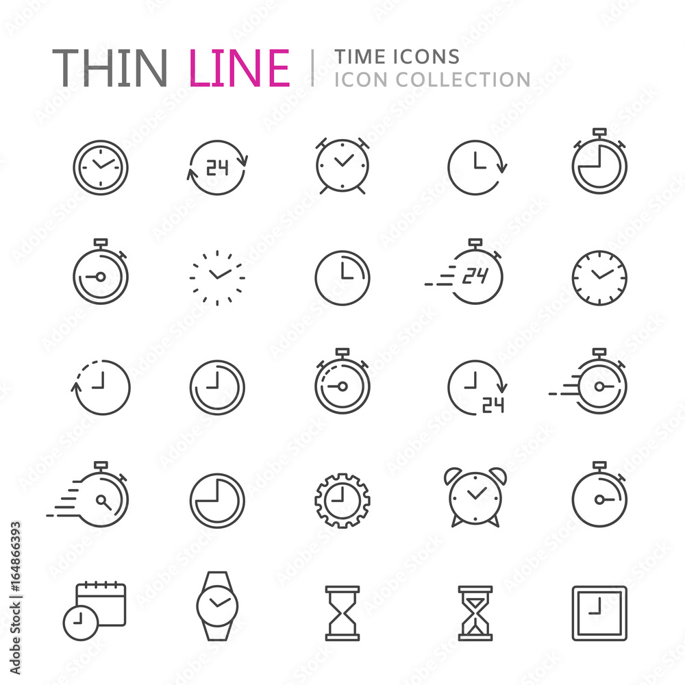 Fototapeta premium Collection of time and clock thin line icons.