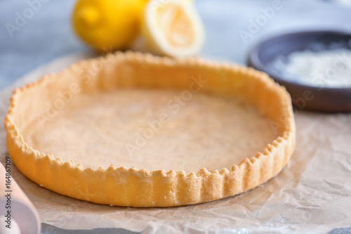 Empty pie crust on table, closeup