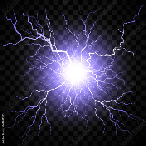 Lightning flash light thunder spark on transparent background. Vector ball lightning or electricity blast storm or thunderbolt in sky. Natural phenomenon of human nerve or neural cells system