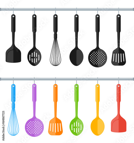 Black and colorful hanging plastic kitchen utensil set. Flat concept illustration of cooking tools. Vector cook equipment collection. Group of kitchenware appliances isolated on white background.