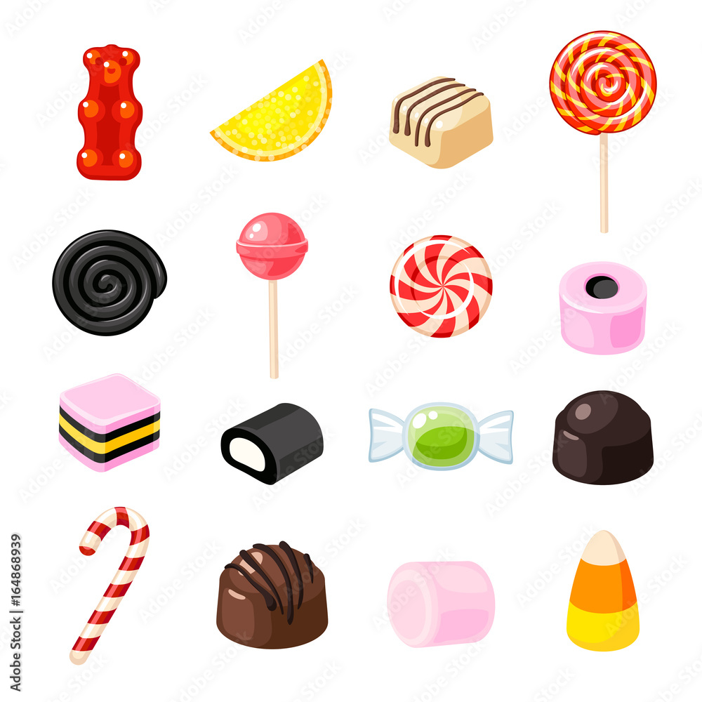 Set single cartoon candies: lollipop, candy cane, bonbon, marmalade teddy  bear, licorice, candied fruit. Vector collection of flat icon illustration,  isolated on white. Stock Vector | Adobe Stock