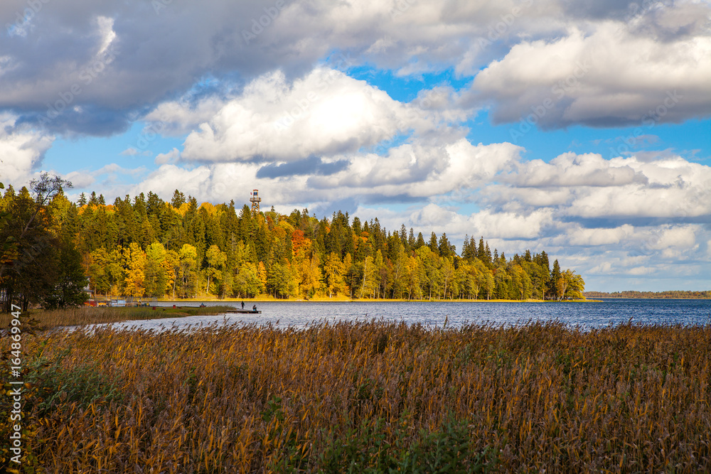 Fall forest behind the lake. Beautiful sky with sun and clouds. Autumn moment. Fall forest behind the lake. Beautiful sky with sun and clouds. Autumn moment.