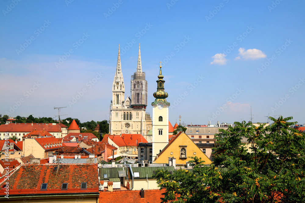 Zagreb skyline with Zagreb Cathedral and St. Mary Church. View from Strossmayer Promenade on Upper Town.
