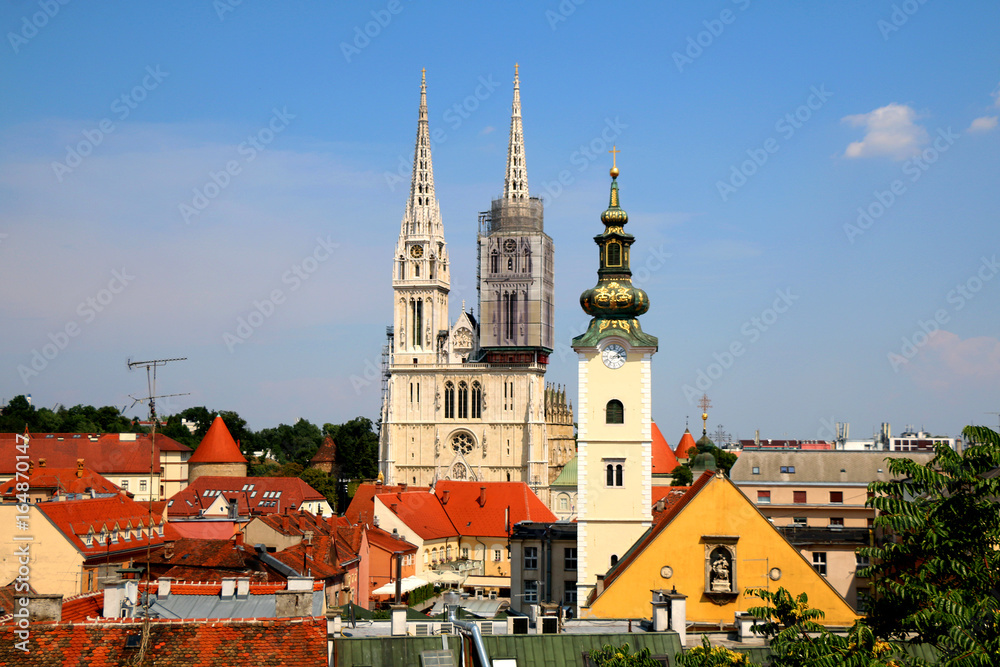 Zagreb skyline with Zagreb Cathedral and St. Mary Church. View from Strossmayer Promenade on Upper Town.
