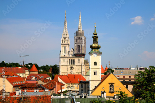 Zagreb skyline with Zagreb Cathedral and St. Mary Church. View from Strossmayer Promenade on Upper Town.   © jelena990