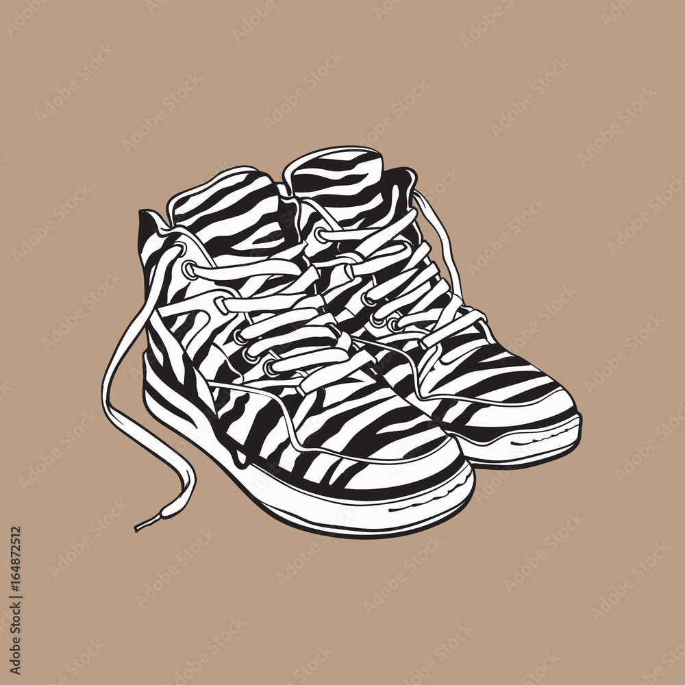 Vecteur Stock Pair of zebra patterned sneakers, sport shoes from 90s,  sketch vector illustration isolated on brown background. Hand drawn pair of old  fashioned, retro style sneakers from nineties, 90s pop culture