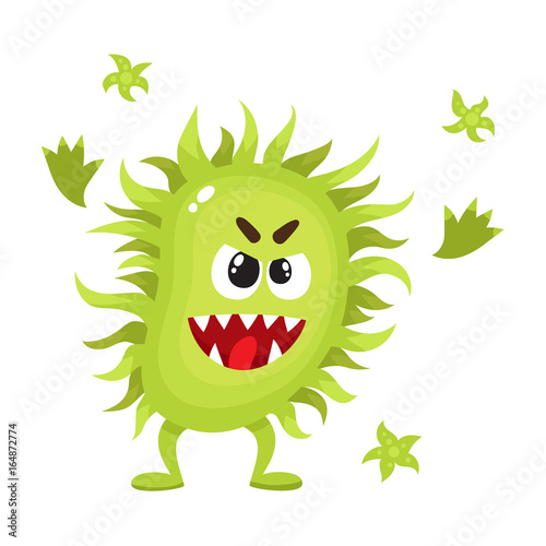 Ugly green virus, germ, bacteria character with human face, cartoon vector illustration on white background. Scary bacteria, virus, germ monster with human face and sharp teeth