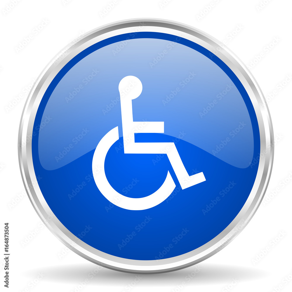 Wheelchair blue glossy vector icon. Chrome border round web button. Silver metallic pushbutton. Wheelchair blue glossy vector icon. Chrome border round web button. Silver metallic pushbutton.
