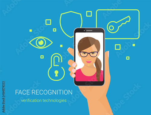 Face recognition and mobile identification. Flat vector illustration of woman with glasses unlocking his smartphone by face recognition technology. Human hand holds mobile phone with face on screen