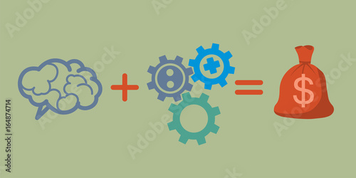 Profit and investment concept. Brains plus gears equally money profit.