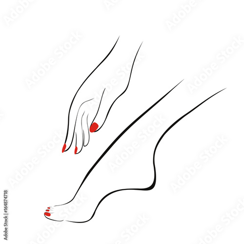 Female hand and leg with red nails, manicure, pedicure. Logotype for fashion salon. Vector illustration. White background