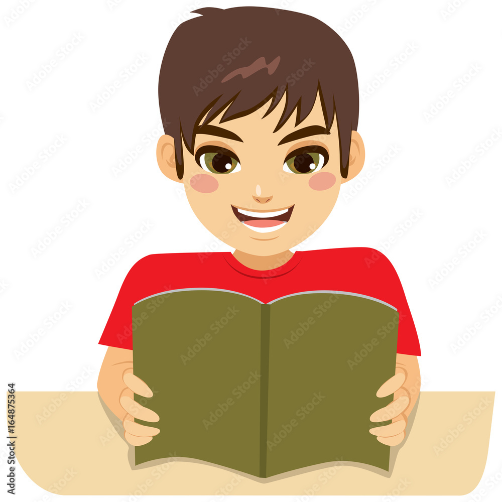 Little teenager boy enjoying learning reading book Little teenager boy enjoying learning reading book