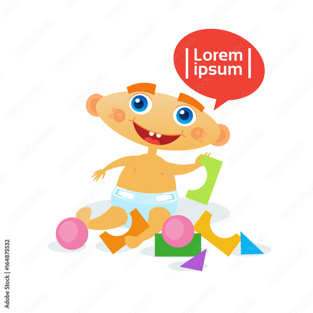 Cute Baby Boy Playing With Toys Toddler Happy Cartoon Infant In Diaper Flat Vector Illustration Cute Baby Boy Playing With Toys Toddler Happy Cartoon Infant In Diaper Flat Vector Illustration