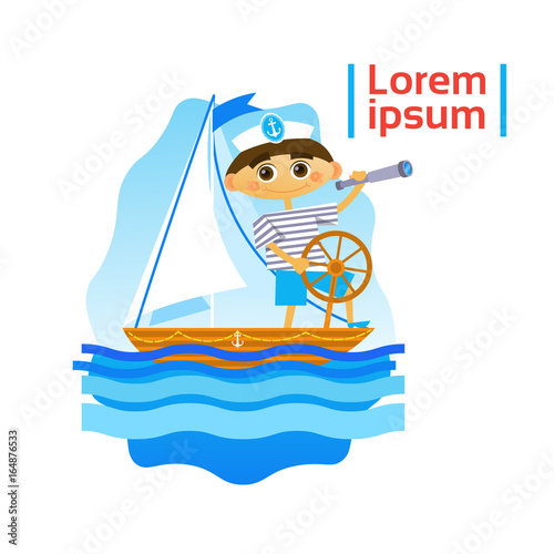 Little Boy Sailing Sport Training Hobby Flat Vector Illustration