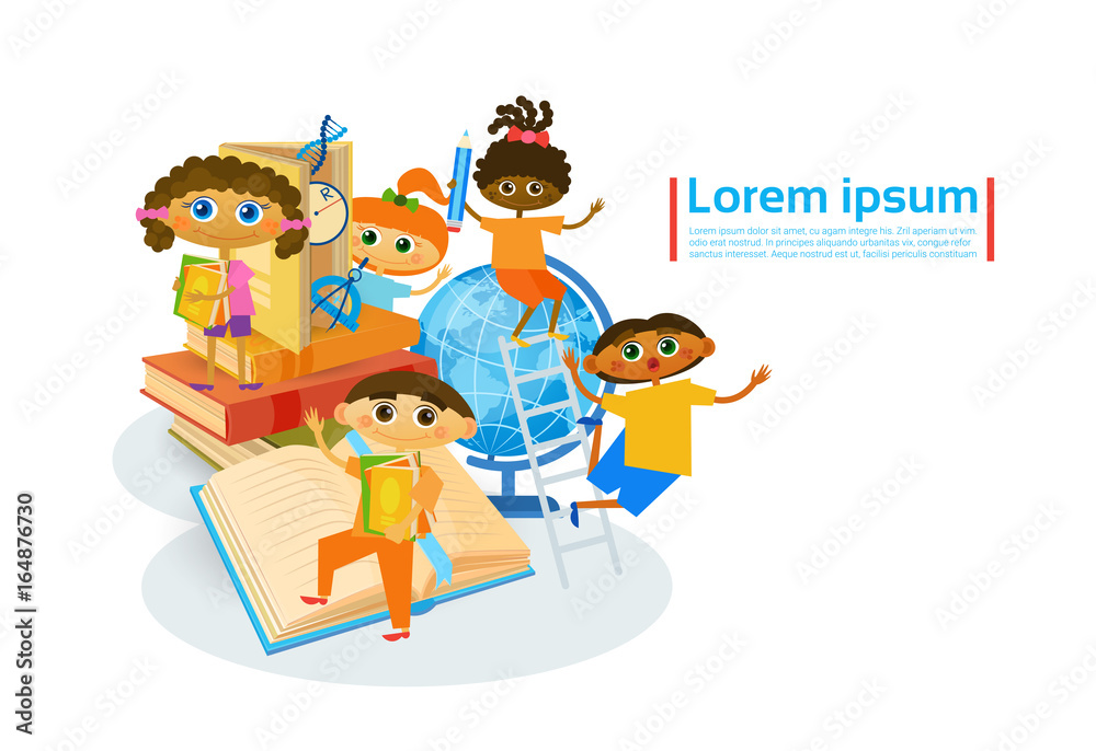 Naklejka premium Kids Learing Together Small Children Visiting Classes Develop Hobbies Flat Vector Illustration