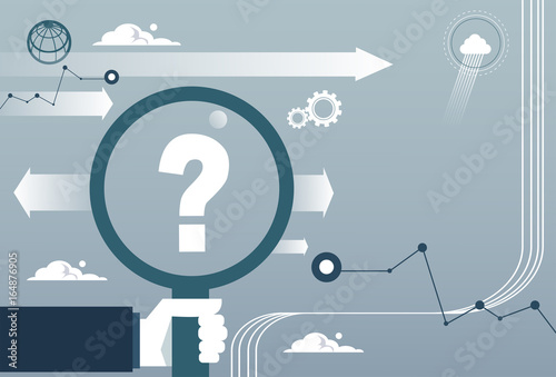 Business Man Hand Hold Magnifying Glass With Question Mark Concept Flat Vector Illustration