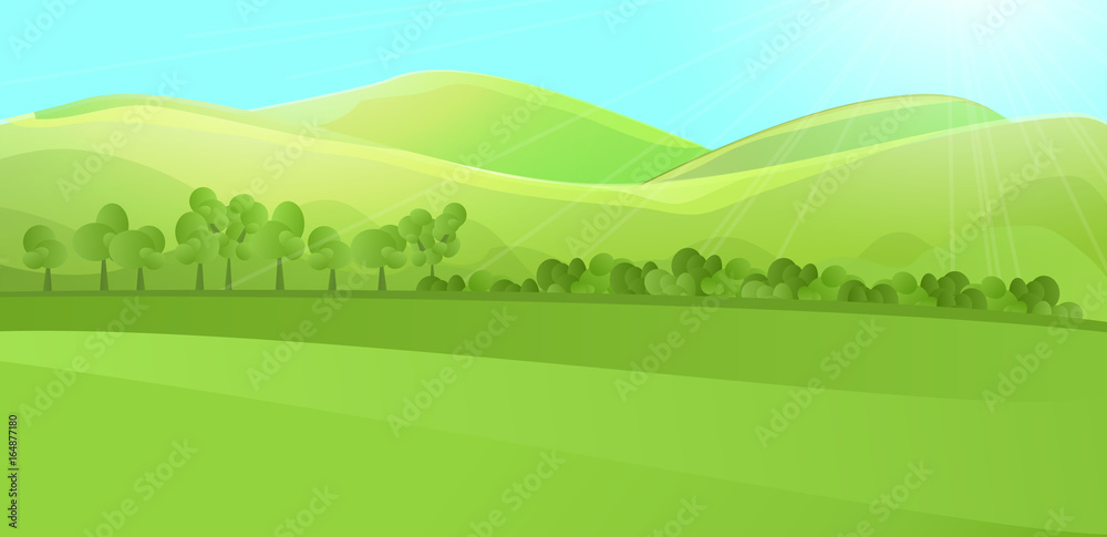 Clear horizontal landscape with green hill, mountains, grass and tree garden or forest. Colored cartoon vector illustration. Can be used for farm banner design