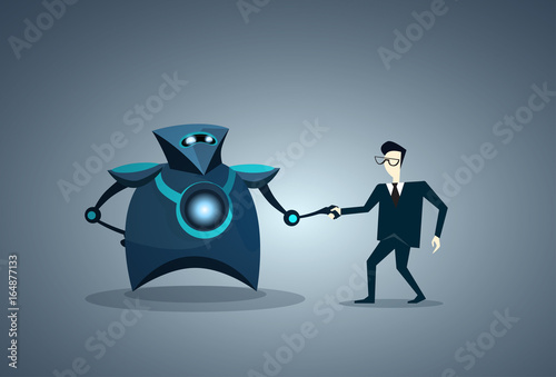 People And Robots Handshake Modern Human And Artificial Intelligence Futuristic Mechanism Technology Vector Illustration