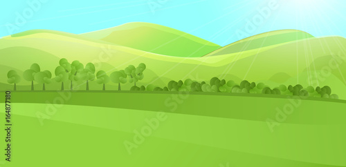 Clear horizontal landscape with green hill  mountains  grass and tree garden or forest. Colored cartoon vector illustration. Can be used for farm banner design
