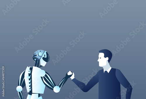 People And Robots Handshake Modern Human And Artificial Intelligence Futuristic Mechanism Technology Vector Illustration