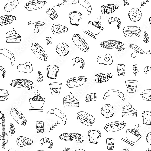 Seamless hand drawn pattern of fast food items and symbols, burger, pizza, drinks, fries, vector illustration