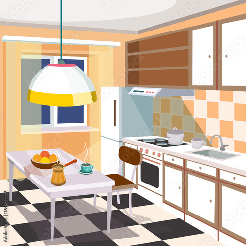 Vector cartoon illustration of a retro kitchen interior with kitchen cabinets, a dining table with a cup of hot coffee and fruits, a refrigerator, a cooker, a kitchen hood and kitchen sink
