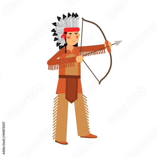 Native american indian in traditional costume and headgear archery with a bow vector Illustration