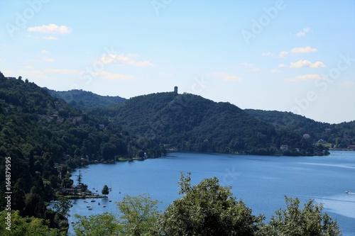 View from Sacro Monte d'Orta to Lake Orta in summer, Piedmont Italy 