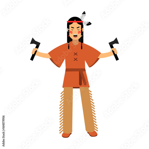 Native american indian in traditional costume standing with two tomahawks vector Illustration