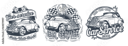 Set of vector vintage black and white badges, stickers, signage for car service, car wash, store of spare parts with retro car, isolated on white. Print, template, design element for advertising