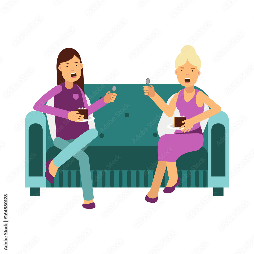 Two women sitting on a sofa talking and eating a cake vector Illustration