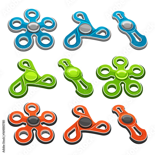 Vector set of colorful Fidget Spinners isolated on white background, anti stress blue pentagonal toy, green icons popular hand fidget spinner, logo of orange metallic kids relaxation spinner gyroscope