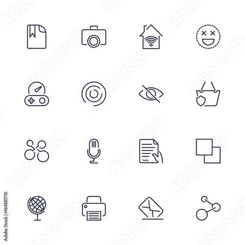 Universal web icons to use in web and mobile UI, set of basic UI web elements file, printer, mail, game, basket, camera and other. Editable stroke