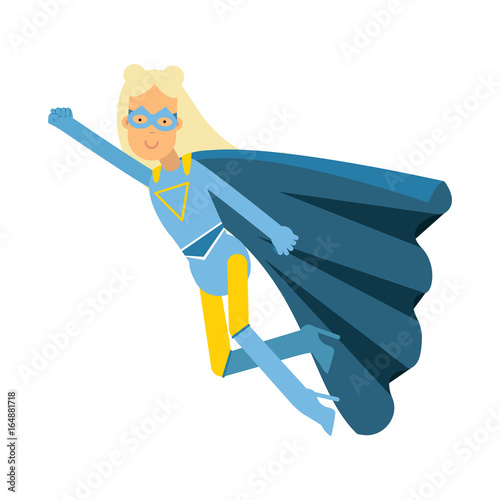 Young blonde woman in classic blue superhero costume vector Illustration